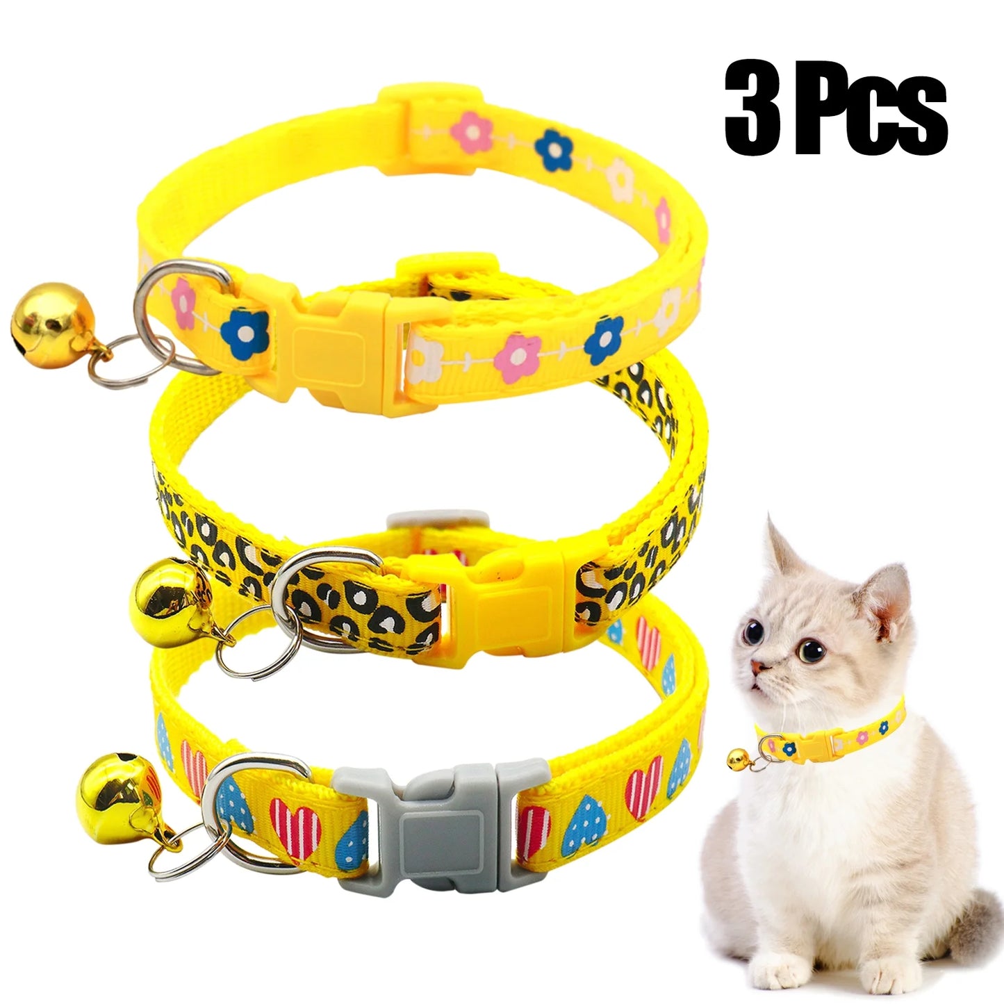 3 Pcs Nylon Cat Collar with Bell Adjustable Kitten Puppy Collars for Newborn Pet,Green