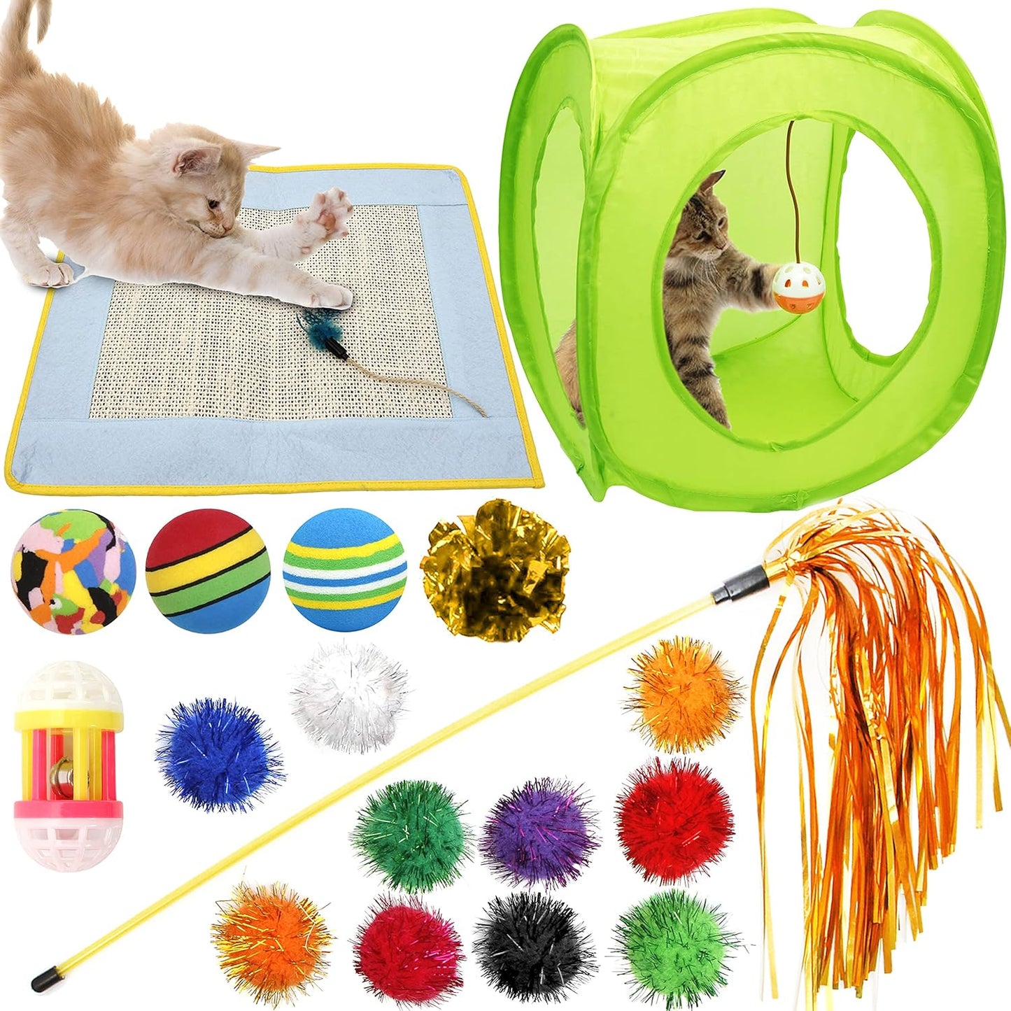 18 Cat Toys Assortments - Teaser Wand, Interactive Bell Toy, Sparkle Balls for Kitten, Puppy, Kitty (With Hide Seek Toy)