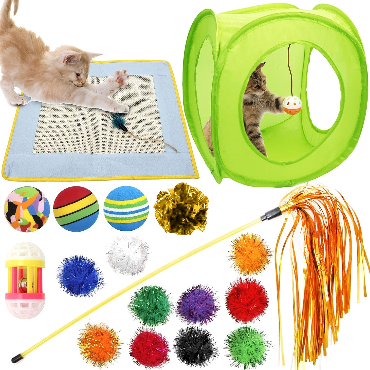 18 Cat Toys Assortments - Teaser Wand, Interactive Bell Toy, Sparkle Balls for Kitten, Puppy, Kitty (With Hide Seek Toy)