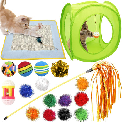 18 Cat Toys Assortments - Teaser Wand, Interactive Bell Toy, Sparkle Balls for Kitten, Puppy, Kitty (With Hide Seek Toy)