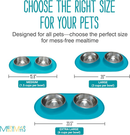 Double Silicone Feeder with Stainless Bowls | Non-Skid Food Dishes for Dogs for All Pets | Dog Food Bowls | Large, 3 Cups per Bowl | Blue