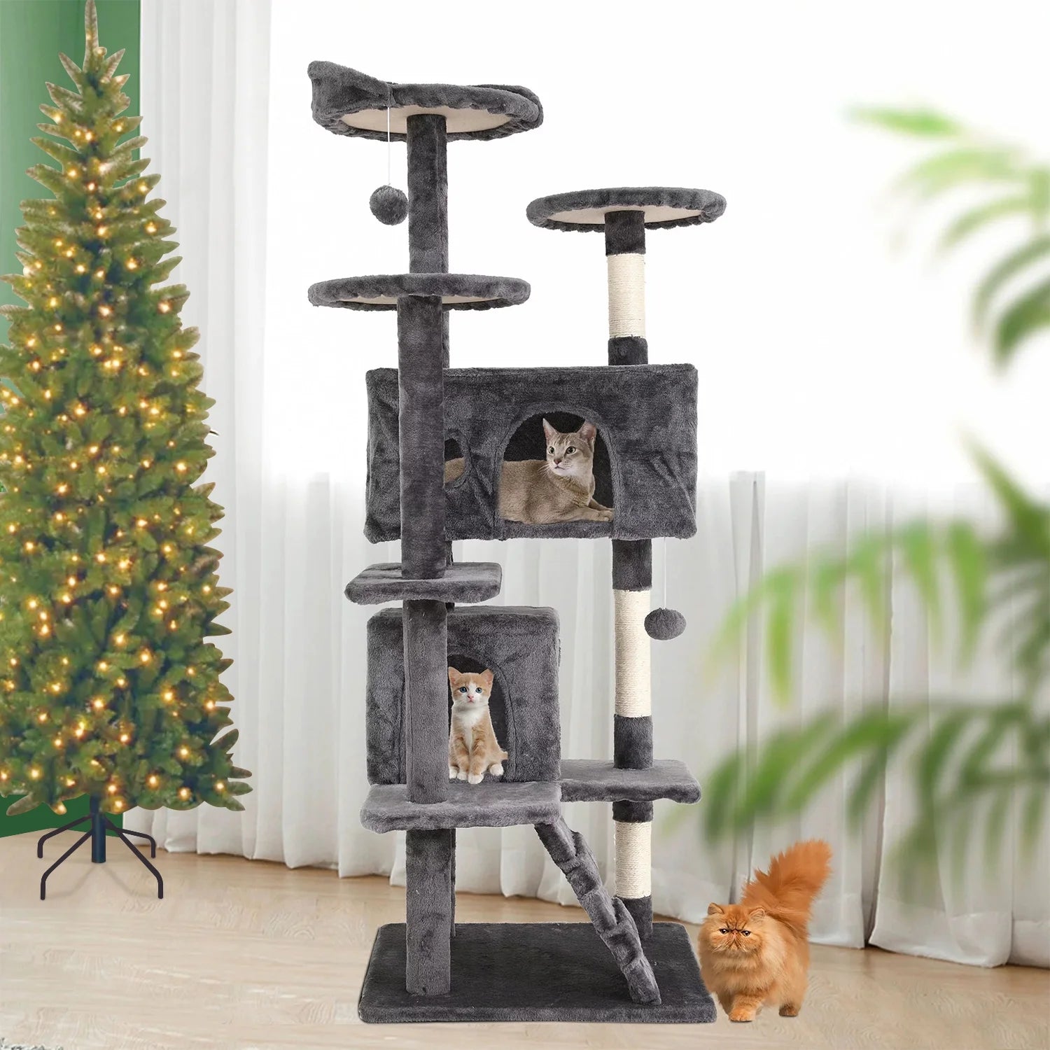 54-In Double Condo Cat Tree Tower Playhouse with Scratching Post & Perch for Indoor, Navy Blue