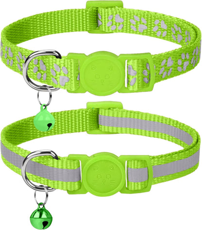 Reflective Cat Collar Breakaway with Bells, 2 Pack Girl Boy Pet Cat Collar Adjustable 7.5-12.5 Inch, Green