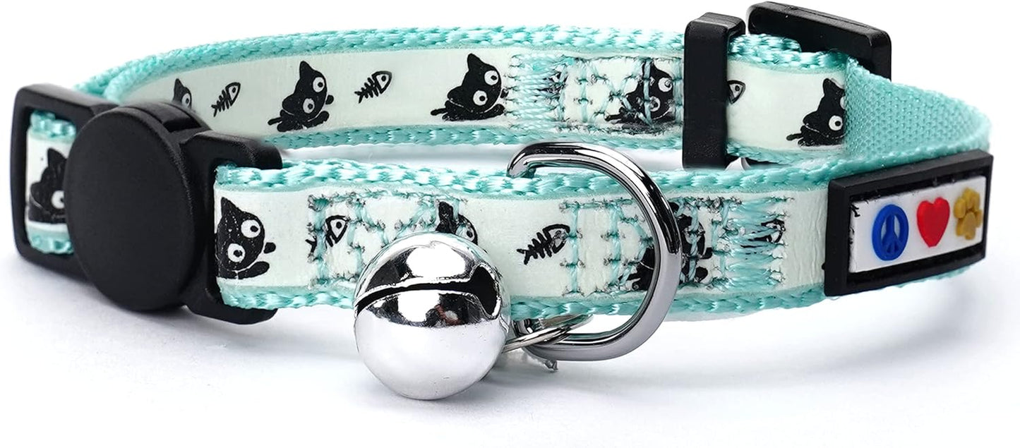 Glow in the Dark Cat Collar Kitten Collar with Safety Buckle and Removable Bell - Teal