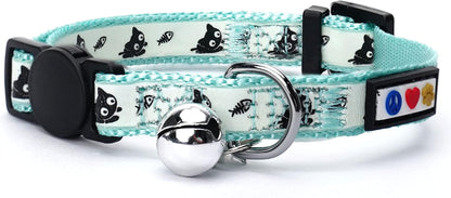 Glow in the Dark Cat Collar Kitten Collar with Safety Buckle and Removable Bell - Teal