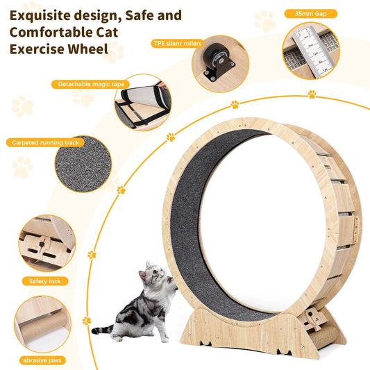 Cat Exercise Wheel for Indoor Cat, 45" Large XL Cat Running Wheel with Carpeted Runway, Cat Treadmill Wheel for Kitty’S Longer Life, Cat Wheel for Fitness Weight, Natural Wood Color,Teaser Cat Toys