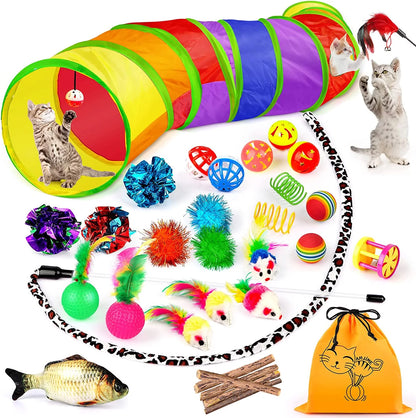 32 Pcs Cat Toys Kitten Toys, Interactive Variety Catnip Toys with Collapsible Rainbow Tunnel, Cat Feather Teaser Crinkle Balls Spring Toy for Cat, Kitty, Puppy