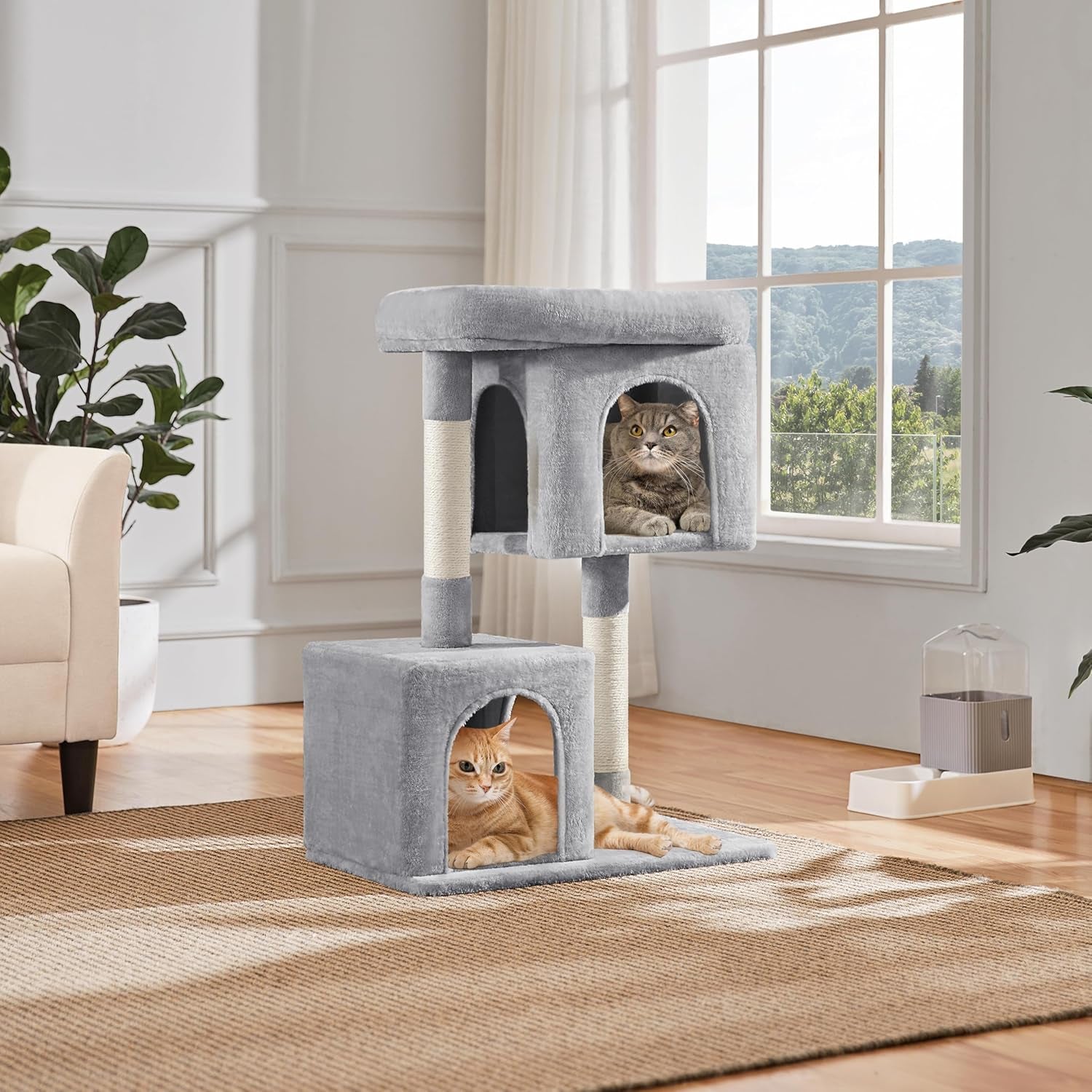 33.5In Cat Tree Tower for Indoor Cats W/2 Cozy Plush Condos, Oversized Perch & Sisal Scratching Posts, Stable Cat Stand House for Large Cats & Pets, Light Gray
