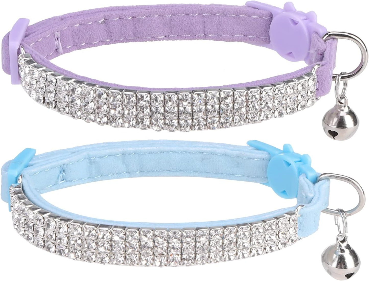 Soft Velvet Safe Cat Collars for Girl Cats -2 Pack Rhinestones Bling Diamante Adjustable Collars Breakaway- Chirstmas Cat Clollar Gifts with Bells for Boy Cats Kitty and Small Dogs