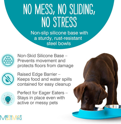 Double Silicone Feeder with Stainless Bowls | Non-Skid Food Dishes for Dogs for All Pets | Dog Food Bowls | Large, 3 Cups per Bowl | Blue