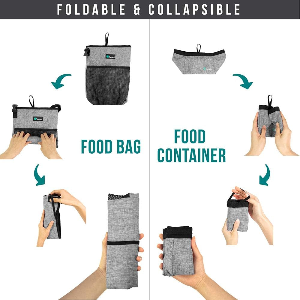 Travel Dog Food Bag Pet Collapsible Dog Bowls Set, Dog Kibble Bag, Pet Food Water Bowls for Dogs Cats, Foldable Waterproof Dog Camping Bowls Cup Dish Accessories for Hiking, Heather Gray