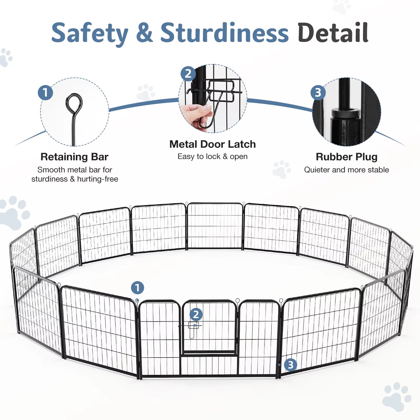 16 Panel Dog Playpen Indoor Pet Fence Exercise for Yard Gate Heavy Duty Crates with Doors Metal Dog Pen for Camping Outdoor