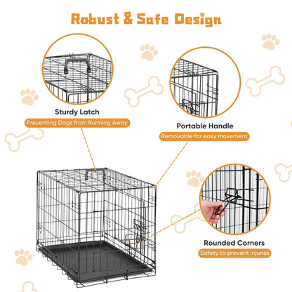 Small Dog Crate with Divider Panel, 24" Double Door Folding Metal Wire Dog Cage with Plastic Leak-Proof Pan Tray