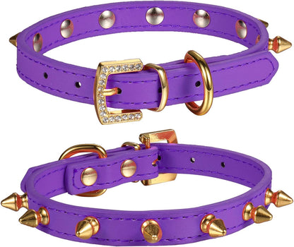 One Row Golden Spiked Studded Leather Dog Collar/Cat Collar with Golden Rhinestone Buckle for Small Dog/Cat Puppy Kitty (Purple, XS)