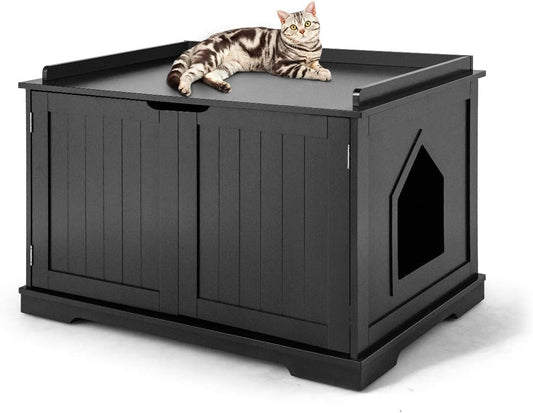 Litter Box Enclosure - Decorative Cat Box Cabinet with Double Doors, Large Cat Kitty Washroom Storage Bench