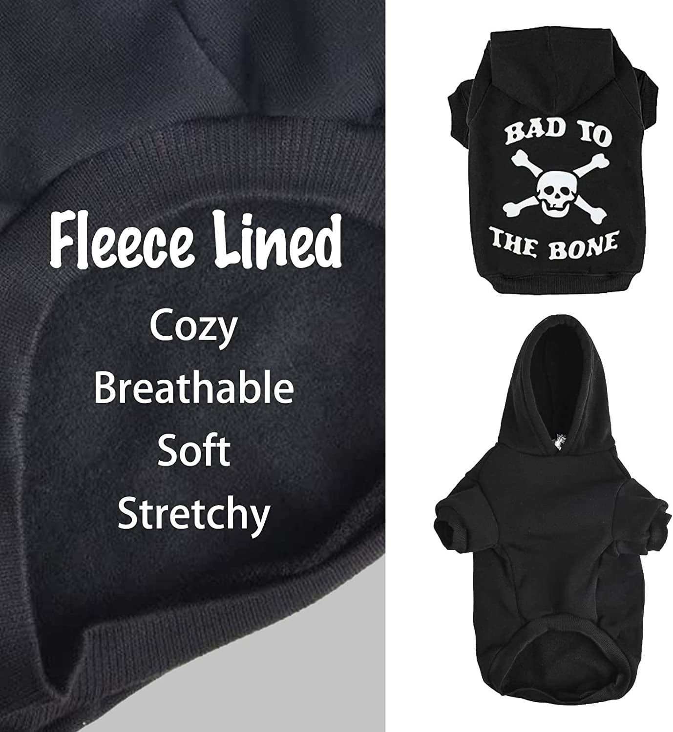 Bad to the Bone Lettered Dog Hoodie - Warm Fleece Sweatshirt with Hood and Leash Hole, Cozy Soft Pet Outfit for Small Medium Dogs, M
