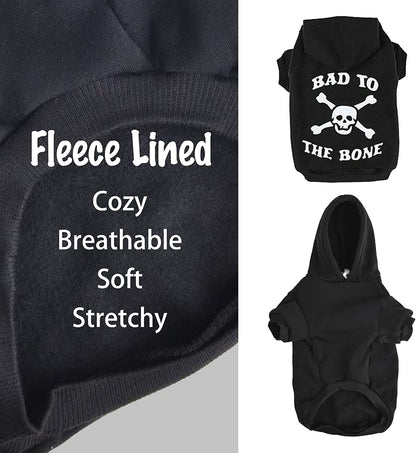 Bad to the Bone Lettered Dog Hoodie - Warm Fleece Sweatshirt with Hood and Leash Hole, Cozy Soft Pet Outfit for Small Medium Dogs, M