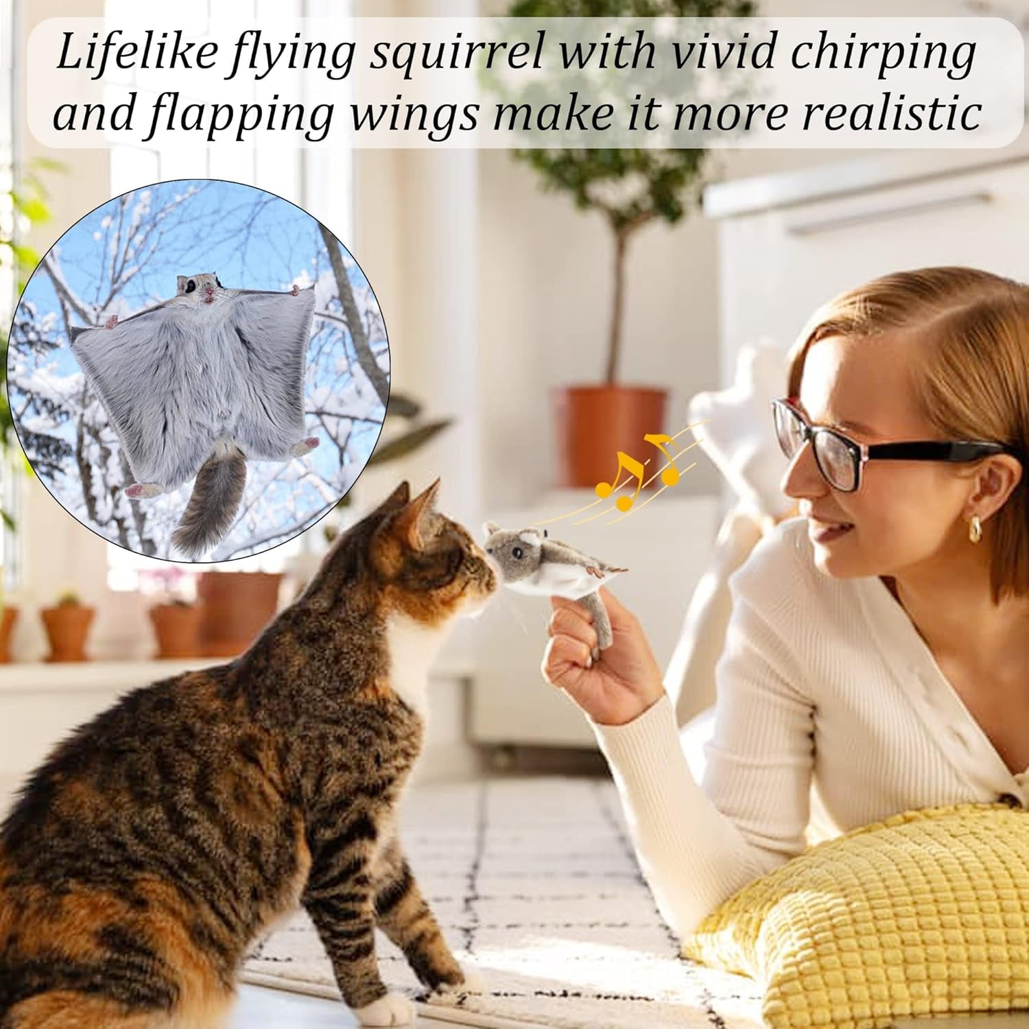 USB Rechargeable Cat Toys Flapping & Chirping Mouse Kitty Toys with Catnip, Door Hanging Interactive Squeaky Flying Squirrel Cat Toys Touch Activated Beating Wings Kitty Kicker Toys for Cats