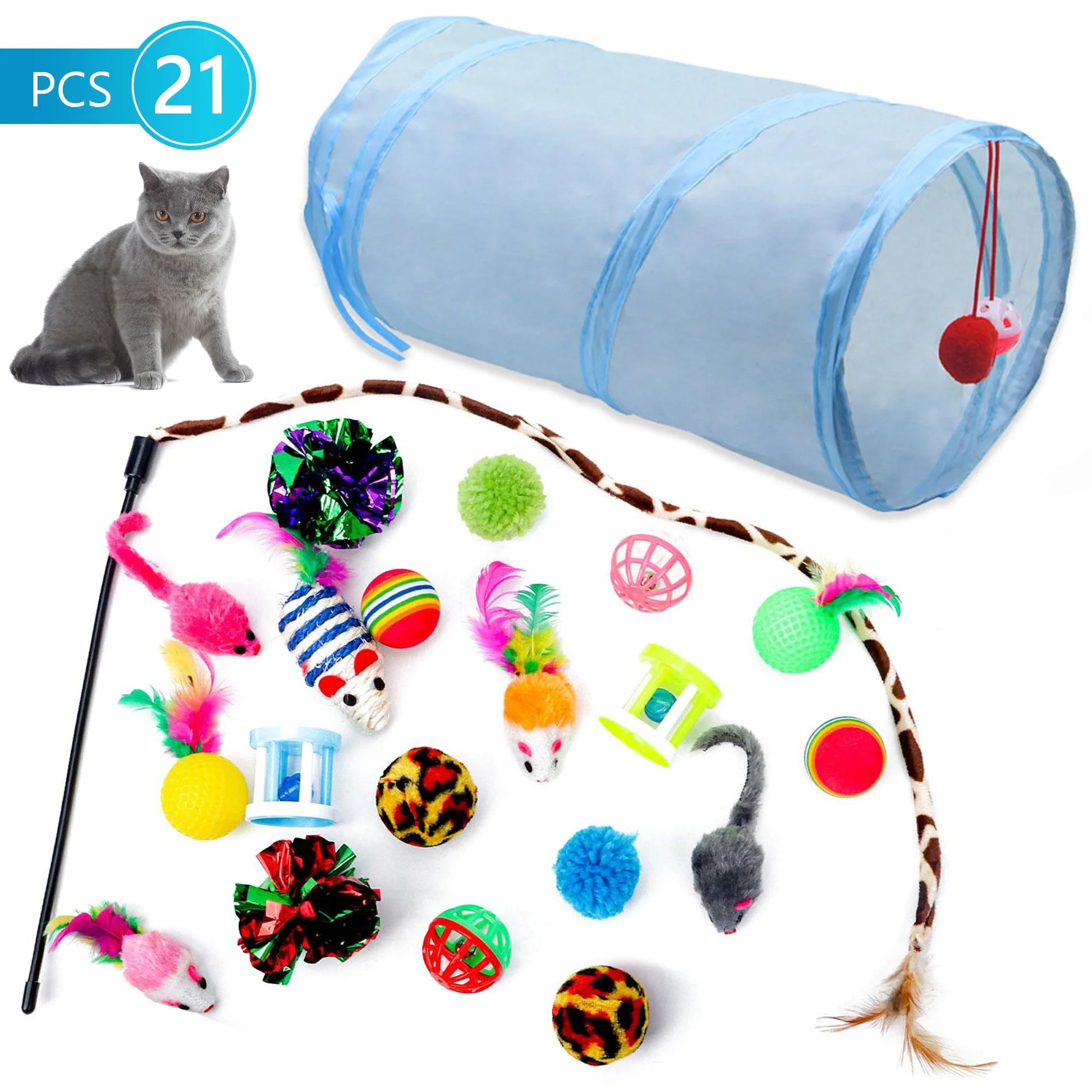 21 Pcs Cat Toys Kitten Toys Assortments Tunnel Interactive Cat Teaser Fluffy Mouse Crinkle Balls for Cat