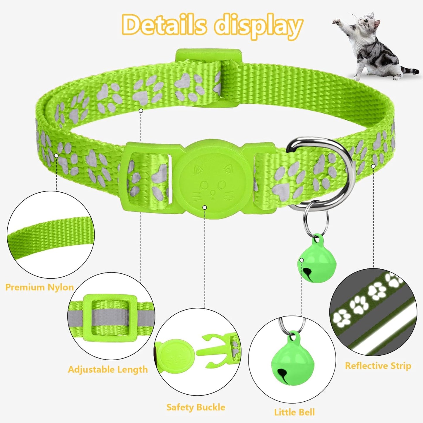 Reflective Cat Collar Breakaway with Bells, 2 Pack Girl Boy Pet Cat Collar Adjustable 7.5-12.5 Inch, Green