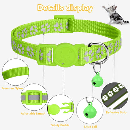Reflective Cat Collar Breakaway with Bells, 2 Pack Girl Boy Pet Cat Collar Adjustable 7.5-12.5 Inch, Green