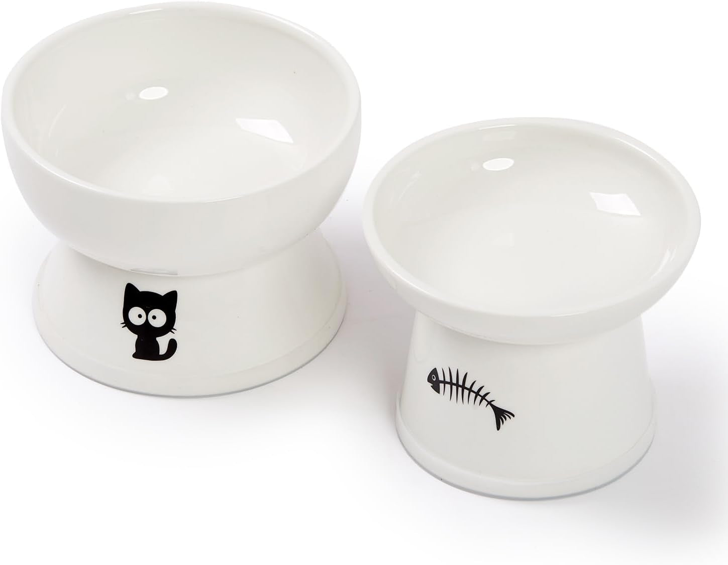 Raised Cat Food and Water Bowl Set, Whisker Friendly Elevated Ceramic Cats Feeder Bowls with anti Slip Ring, Anti-Vomiting Shallow High Porcelain Pet Kitten Dish, Dishwasher Safe(White)