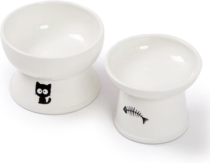 Raised Cat Food and Water Bowl Set, Whisker Friendly Elevated Ceramic Cats Feeder Bowls with anti Slip Ring, Anti-Vomiting Shallow High Porcelain Pet Kitten Dish, Dishwasher Safe(White)