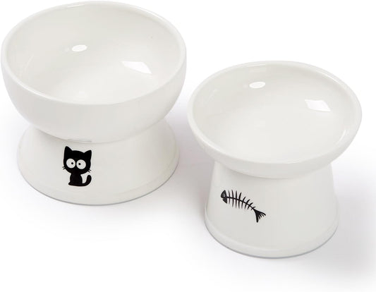 Raised Cat Food and Water Bowl Set, Whisker Friendly Elevated Ceramic Cats Feeder Bowls with anti Slip Ring, Anti-Vomiting Shallow High Porcelain Pet Kitten Dish, Dishwasher Safe(White)