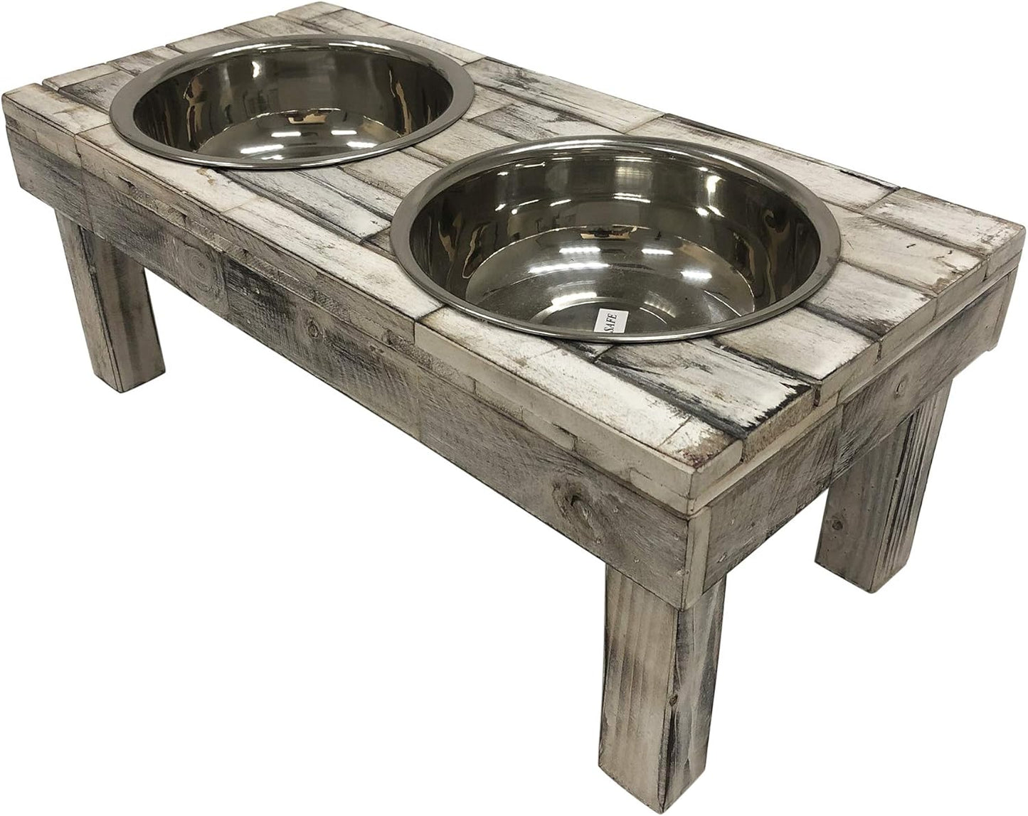 Pet Berjen Table Elevated Double Bowl Feeder, White Wash (Large)