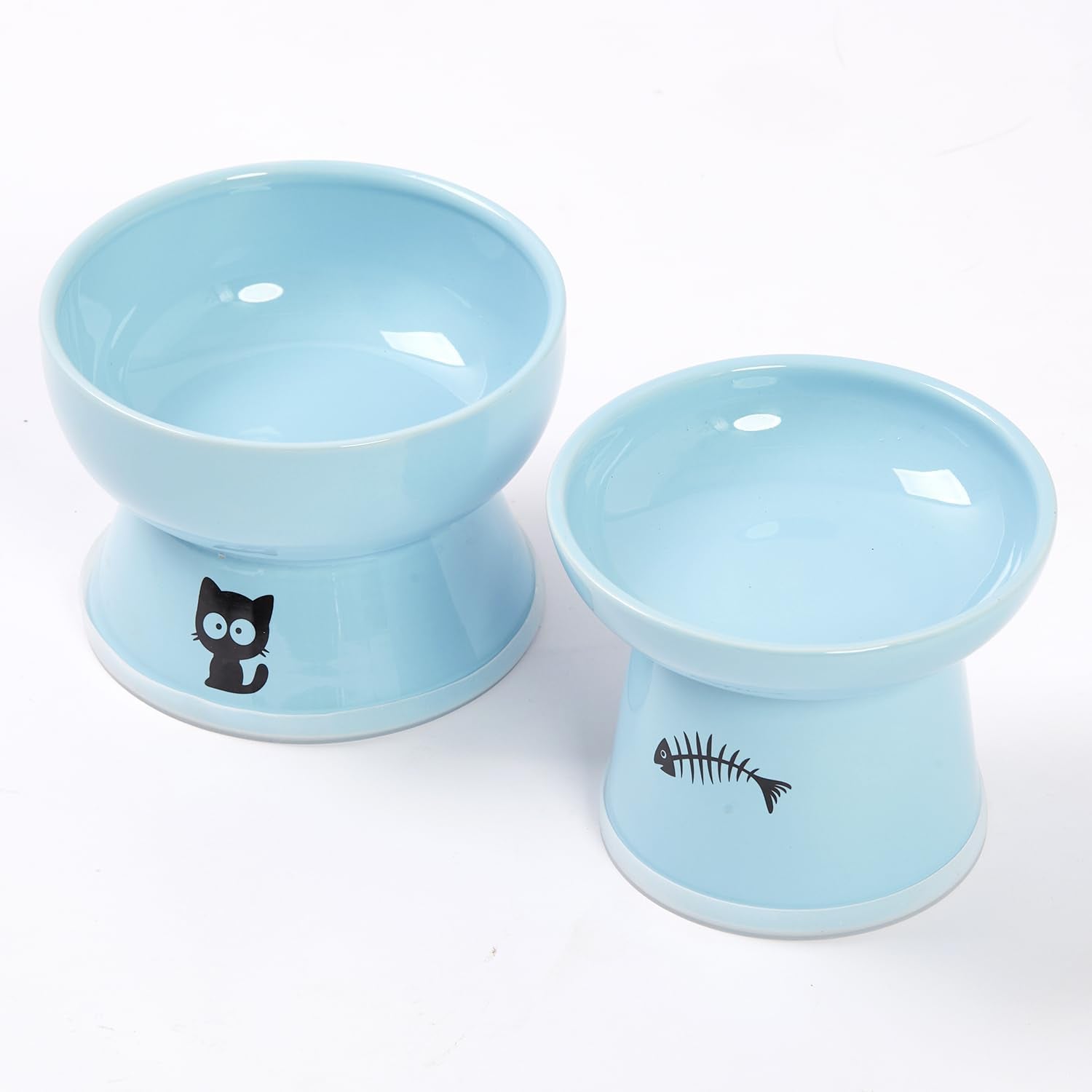 Raised Cat Food and Water Bowl Set, Whisker Friendly Elevated Ceramic Cats Feeder Bowls with anti Slip Ring, Anti-Vomiting Shallow High Porcelain Pet Kitten Dish, Dishwasher Safe(White)