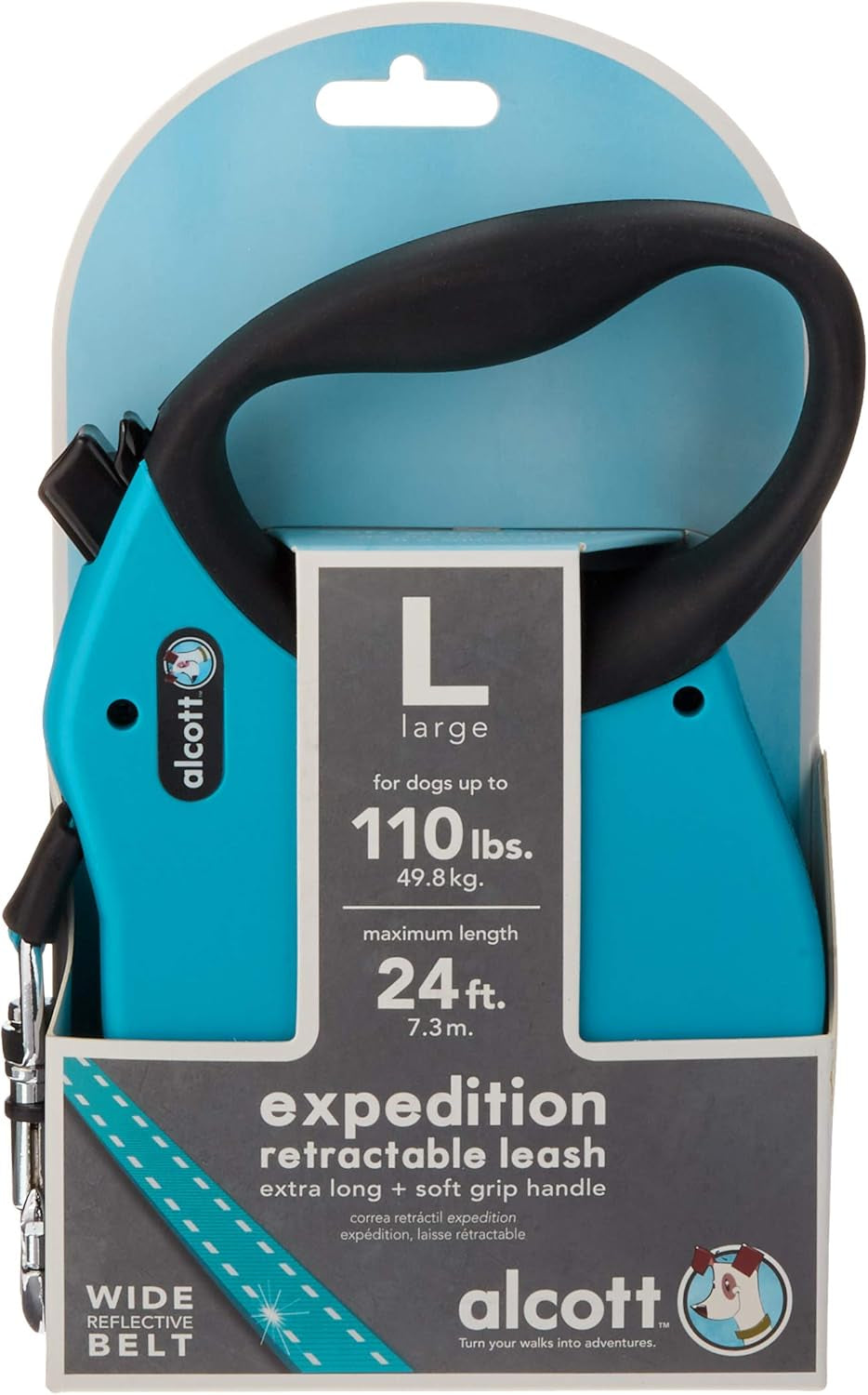 Expedition Retractable Reflective Belt Leash – 24 Feet – Large for Dogs up to 110 Lbs, Blue with Black Soft Grip Handle – Durable & Comfortable Dog Leash