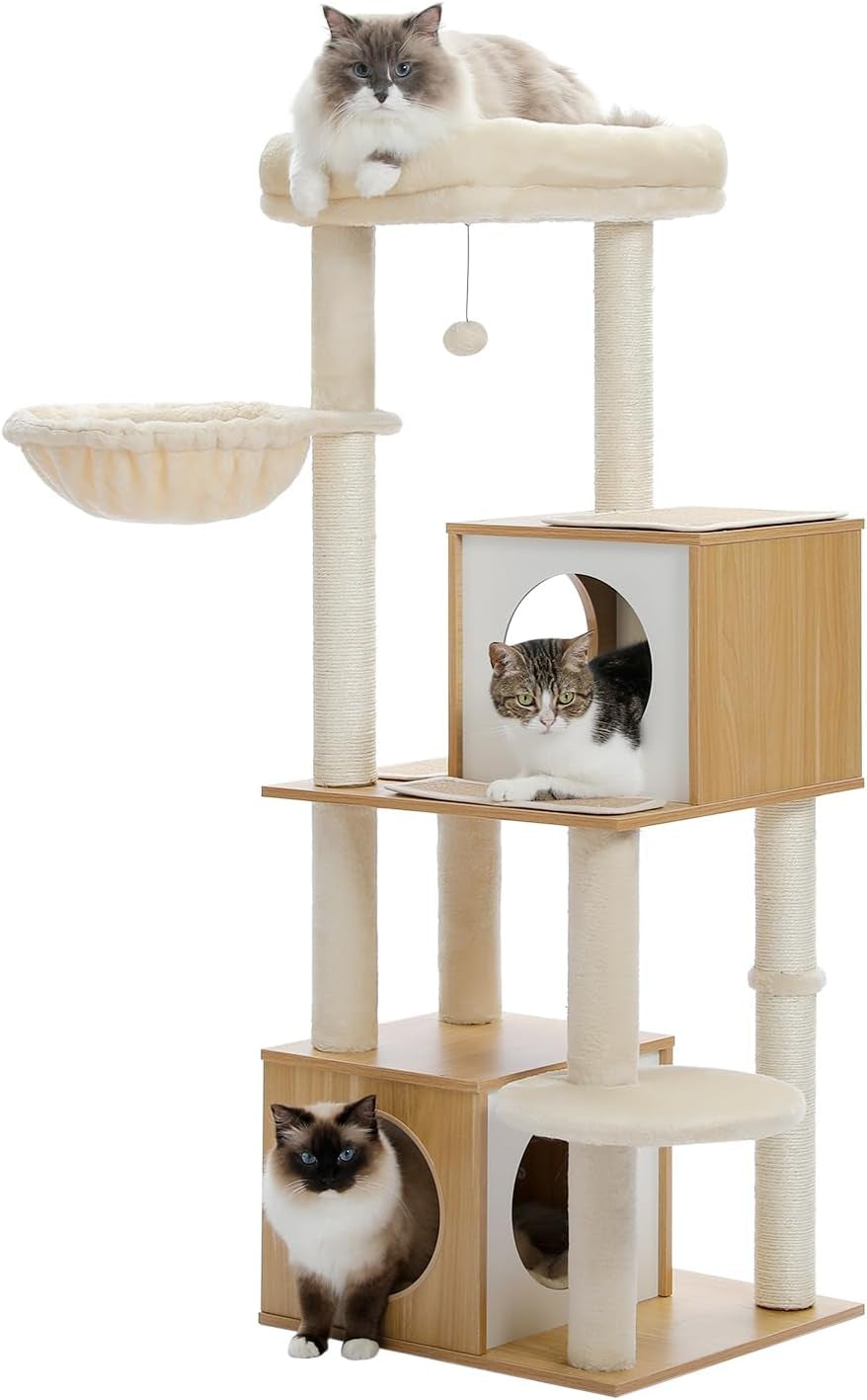 Cat Tree 35 Inches Wooden Cat Tower with Double Condos, Spacious Perch, Fully Wrapped Scratching Sisal Posts and Replaceable Dangling Balls-Walnut