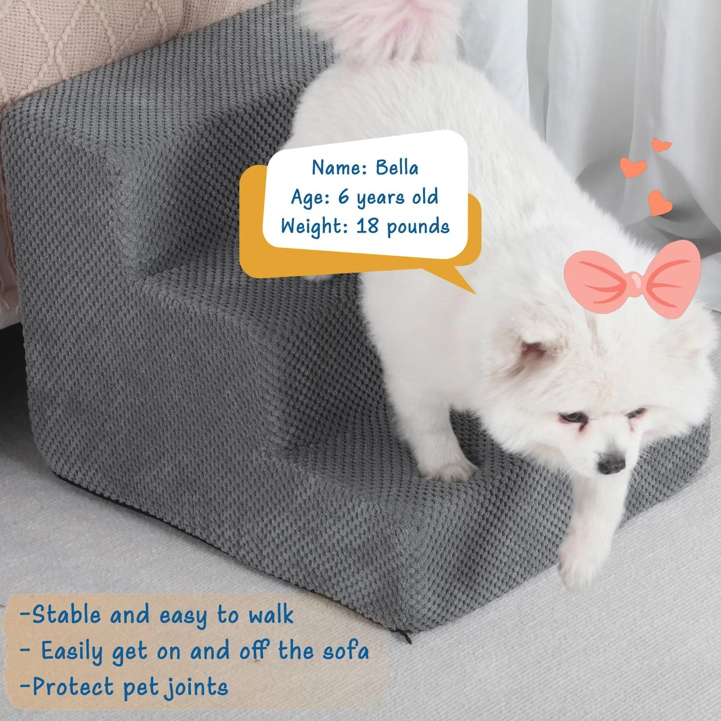 Dog Stairs for Small Dogs & Cats, Non-Slip Pet Stairs 3-Step for Chairs and Couch, Grey