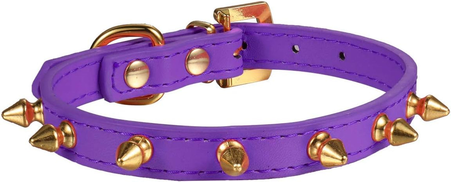 One Row Golden Spiked Studded Leather Dog Collar/Cat Collar with Golden Rhinestone Buckle for Small Dog/Cat Puppy Kitty (Purple, XS)