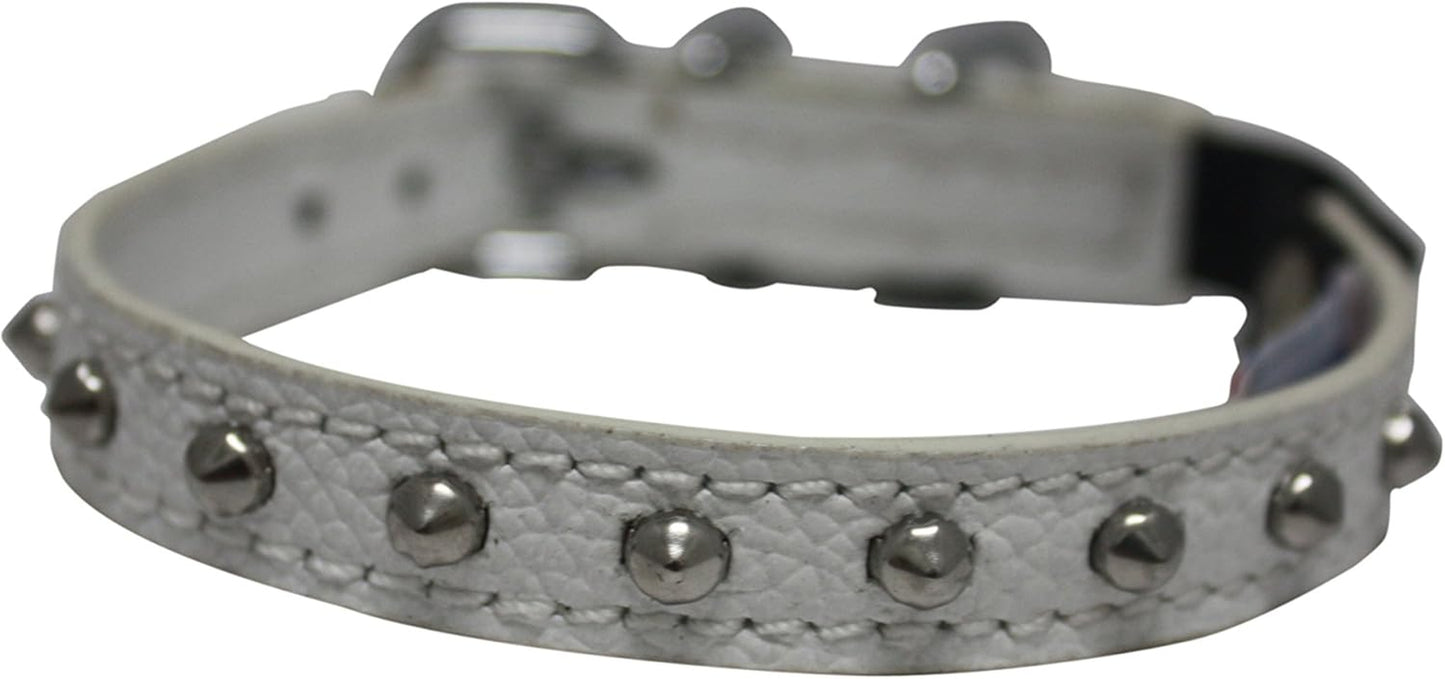 Studded Cat Collar, Genuine Leather Kitten Collar, Sturdy Breakaway Cat Collar with Bell and Elastic Stretch, Cat Accessories, Ivory White, 10 X 1/2 Inches -