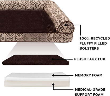Memory Foam Dog Bed for Large Dogs W/ Removable Bolsters & Washable Cover, for Dogs up to 125 Lbs - Plush & Southwest Kilim Woven Decor Sofa - Desert Brown, Jumbo Plus/Xxl