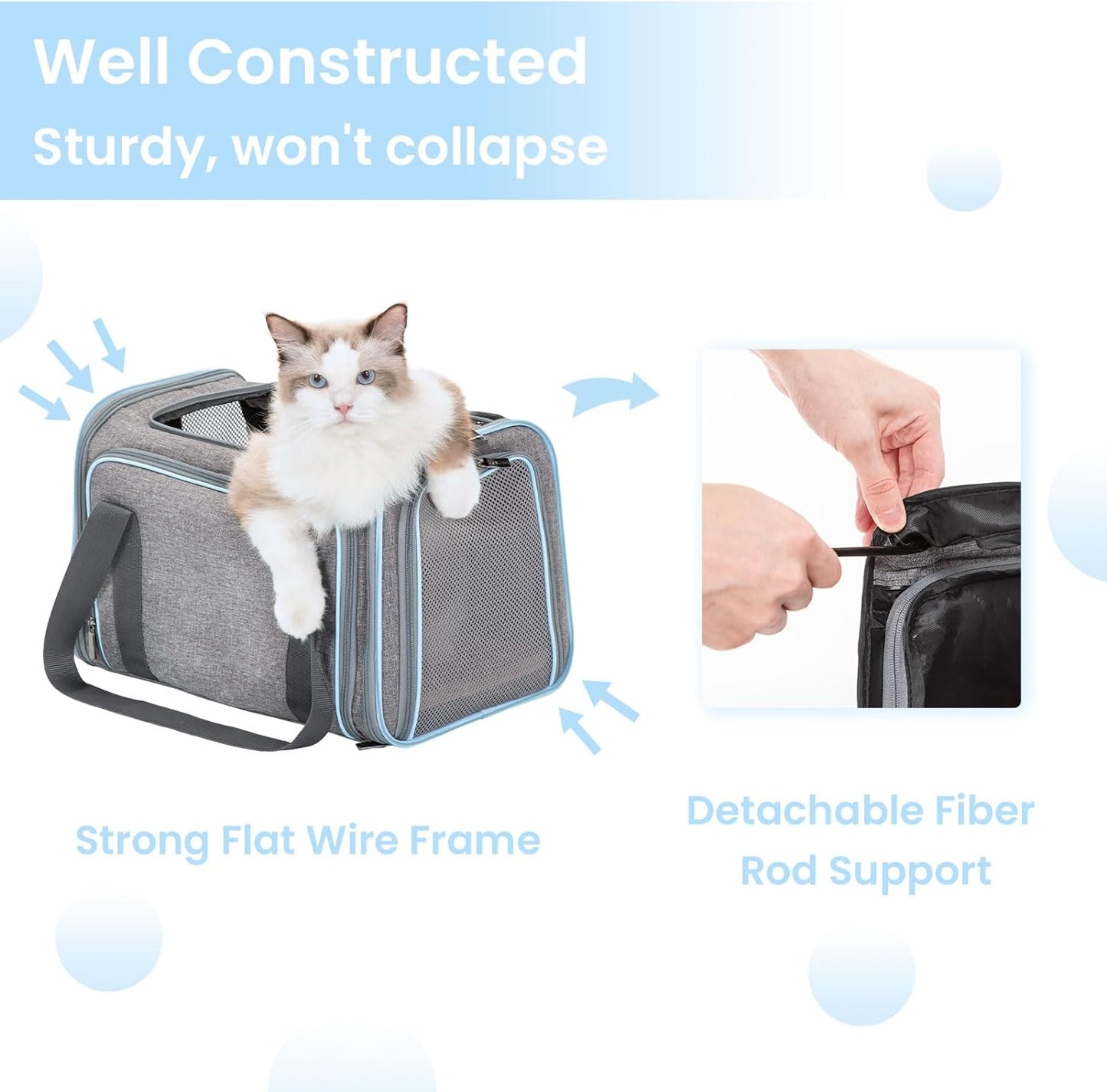 Expandable Small Cat Carriers Dog Carrier, Airline Approved Soft-Sided Portable Washable Pet Travel Carrier with Two Extension up to 9LB