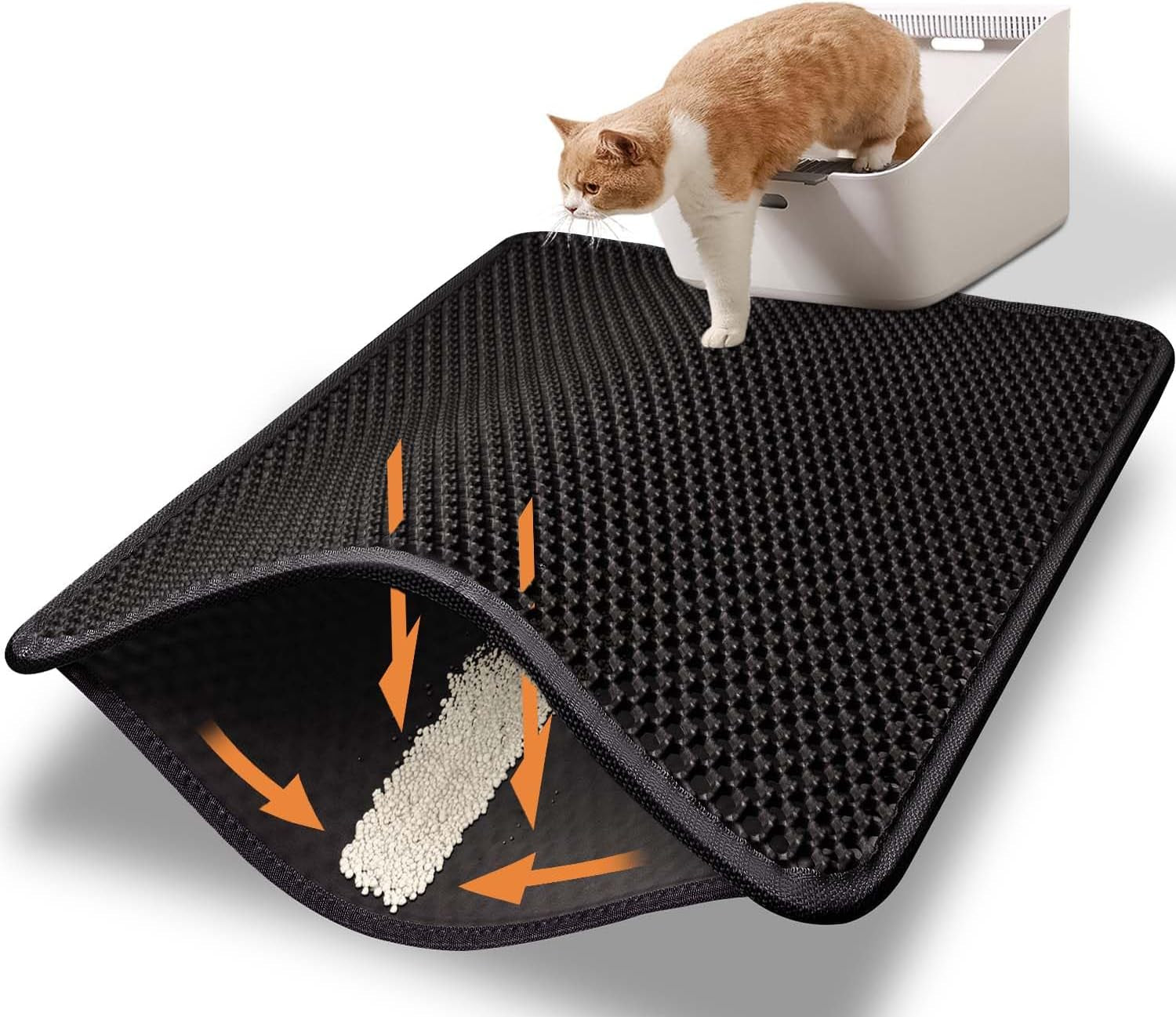 Cat Litter Mat 23"X17" Litter Box Mat, EVA Honeycomb Double Layer Design, Urine & Waterproof, Scatter Control Kitty Litter Mat, Less Waste, Easier to Clean,Washable, Black