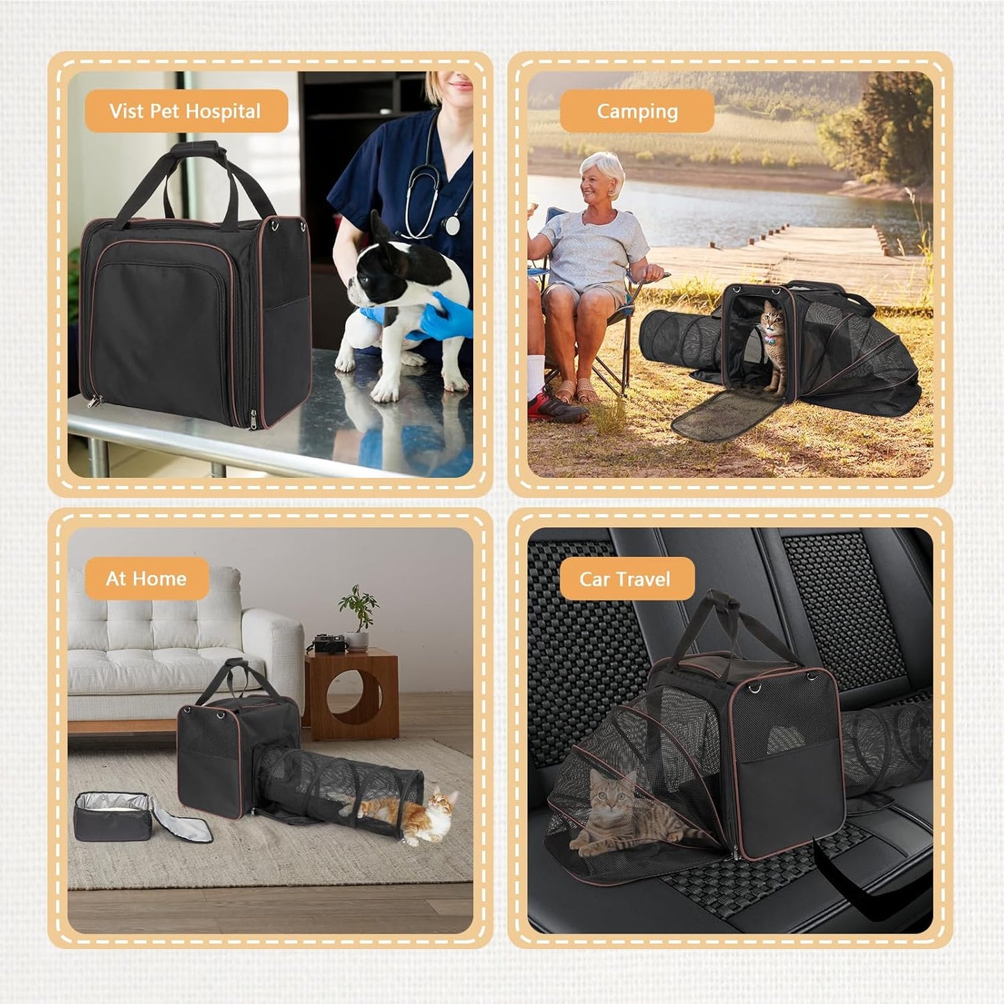 Cat Travel Carrier with Litter Box for Car, Expandable Cat Carrier with Pop Out Tunnel, Cat Carrier for Car Travel Long Distance, up to 20 Lb to Road Trip, Camping, Black