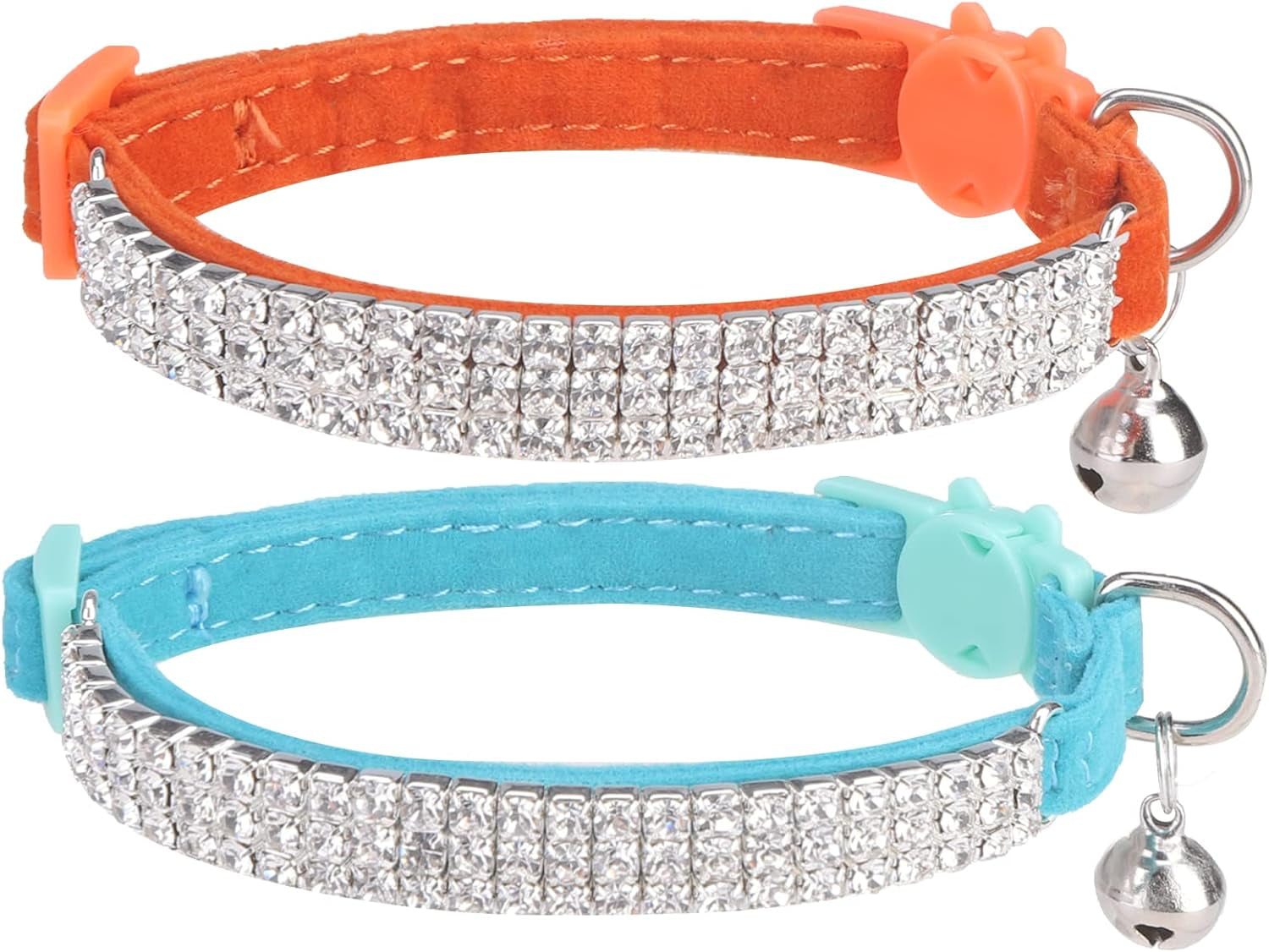 Soft Velvet Safe Cat Collars for Girl Cats -2 Pack Rhinestones Bling Diamante Adjustable Collars Breakaway- Chirstmas Cat Clollar Gifts with Bells for Boy Cats Kitty and Small Dogs