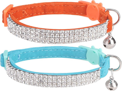 Soft Velvet Safe Cat Collars for Girl Cats -2 Pack Rhinestones Bling Diamante Adjustable Collars Breakaway- Chirstmas Cat Clollar Gifts with Bells for Boy Cats Kitty and Small Dogs