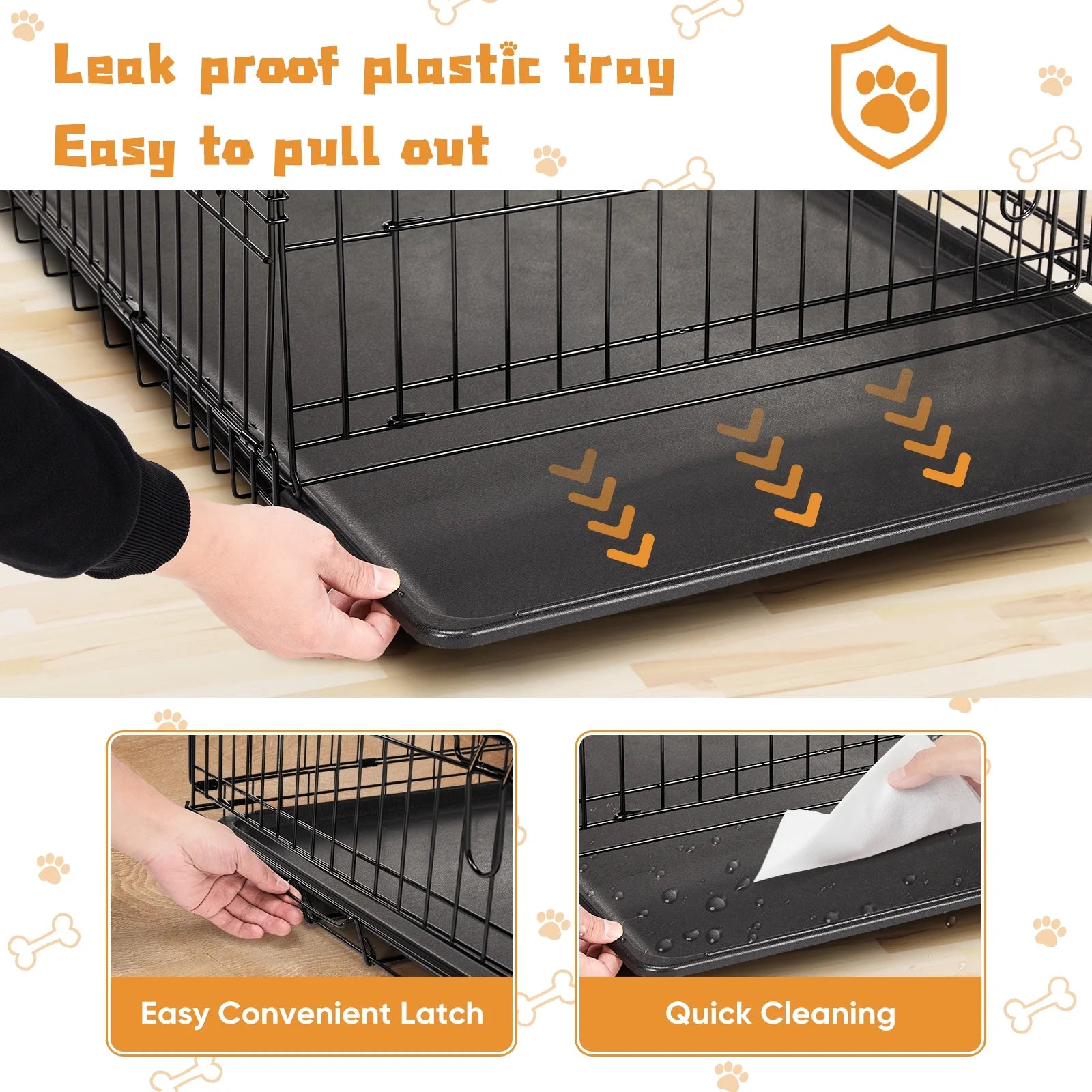 Small Dog Crate with Divider Panel, 24" Double Door Folding Metal Wire Dog Cage with Plastic Leak-Proof Pan Tray