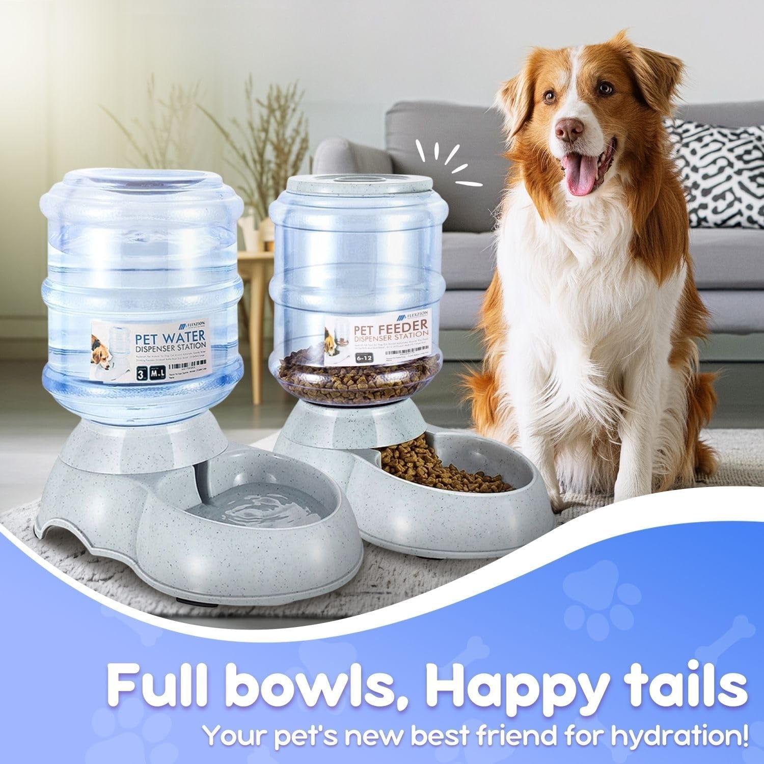 Automatic Pet Feeder & Waterer Set of 2 Pack, Self Feeding Replenish Dog Cat Bowls, Gravity Food & Water Storage Container Fountain Jug Pet Supplies Plastic Skid Proof Rubber Feet (3 Gallon)