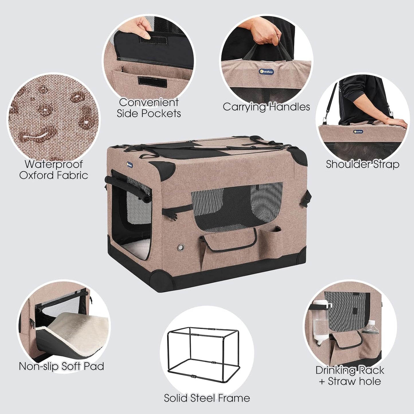 30 Inch Folding Soft Dog Crate, 4-Door Portable Collapsible Pet Kennel Travel Dog Crate for Medium Dogs, 5 X Durable Mesh Screen, 600D Oxford Fabric, Indoor & Outdoor Use, Brown, CWB2428CP