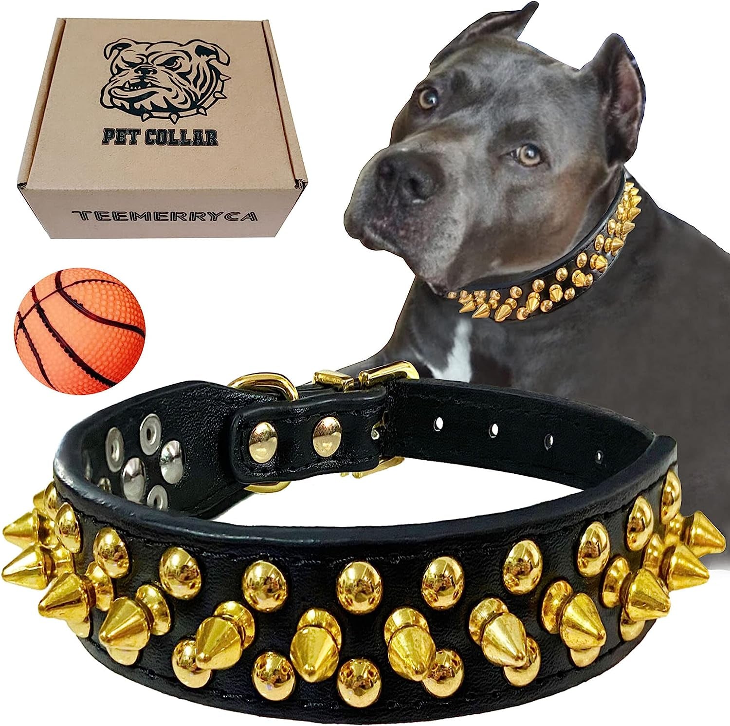 Adjustable Leather Spiked Studded Dog Collars with a Squeak Ball Gift for Small Medium Large Pets like Cats/Pit Bull/Bulldog/Pugs/Husky, Pink, L(15"-18.5")