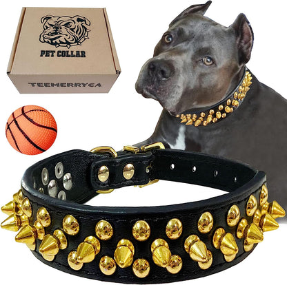 Adjustable Leather Spiked Studded Dog Collars with a Squeak Ball Gift for Small Medium Large Pets like Cats/Pit Bull/Bulldog/Pugs/Husky, Pink, L(15"-18.5")
