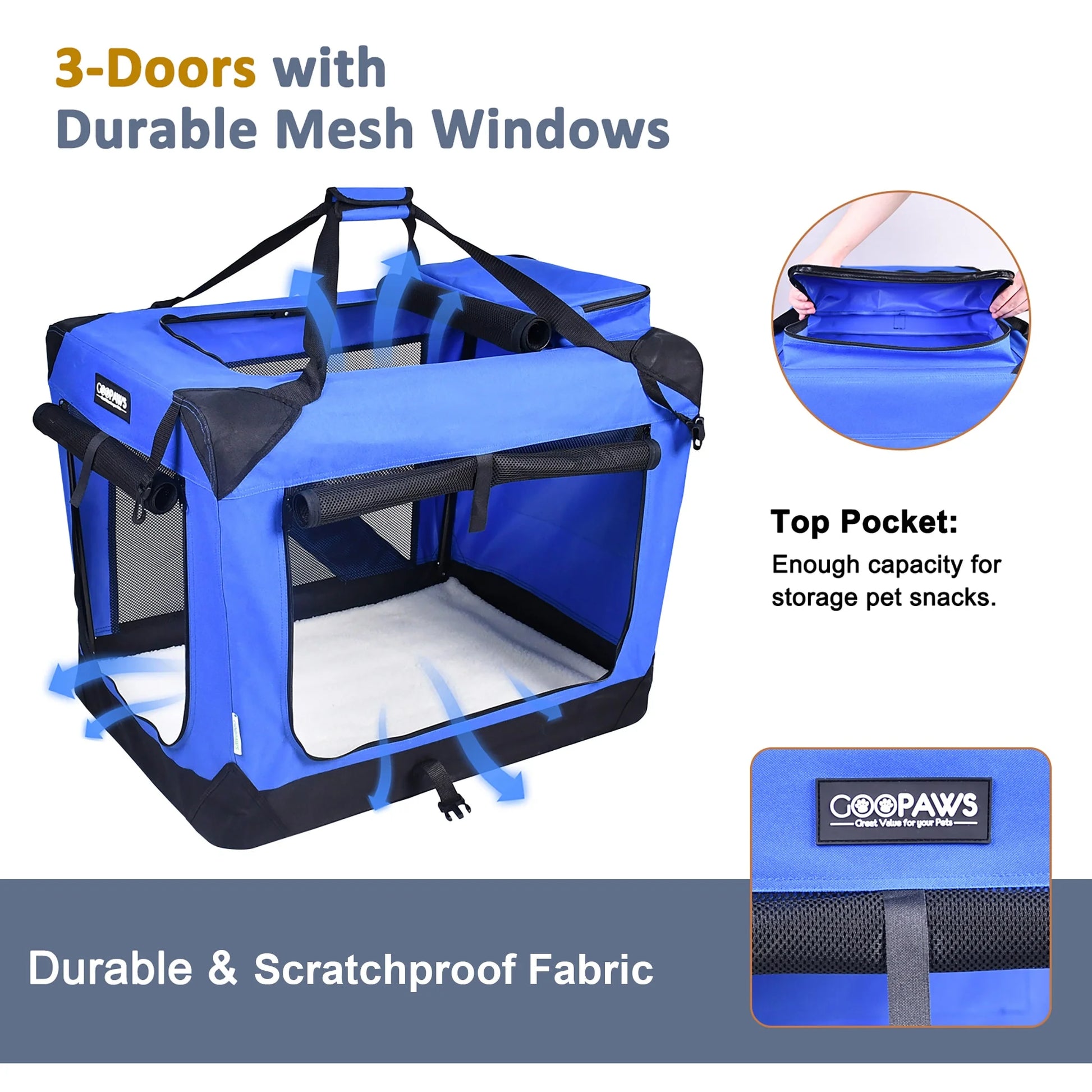 : 30" Soft Pet Crate - Blue - Dogs & Cats up to 50 Lbs, 3 Door Folding Kennel, Indoor Outdoor Travel Carrier, Mesh Windows, Fleece Mat, Goopaws