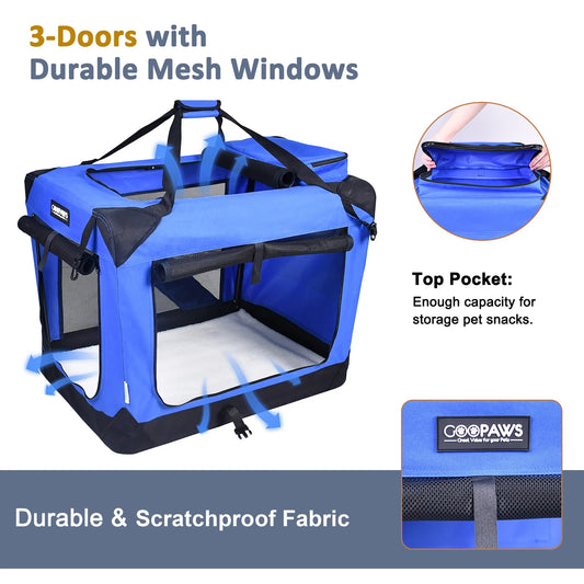 : 30" Soft Pet Crate - Blue - Dogs & Cats up to 50 Lbs, 3 Door Folding Kennel, Indoor Outdoor Travel Carrier, Mesh Windows, Fleece Mat, Goopaws