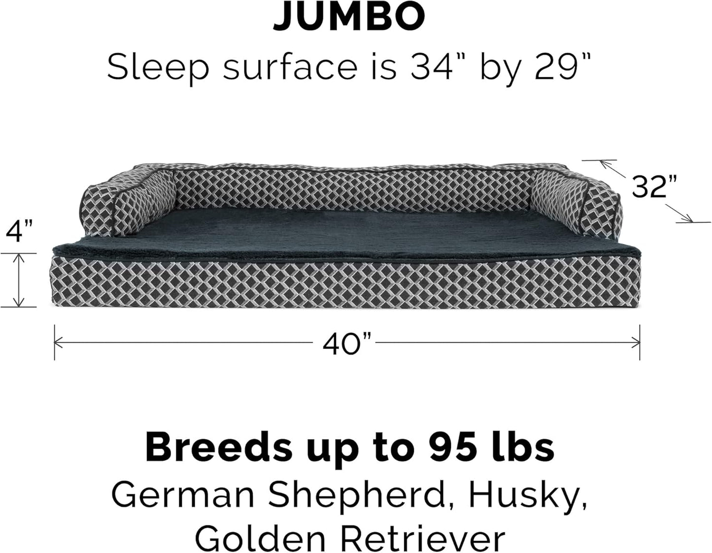 Memory Foam Dog Bed for Large Dogs W/ Removable Bolsters & Washable Cover, for Dogs up to 95 Lbs - Plush & Woven Decor Comfy Couch Sofa - Diamond Gray, Jumbo/Xl