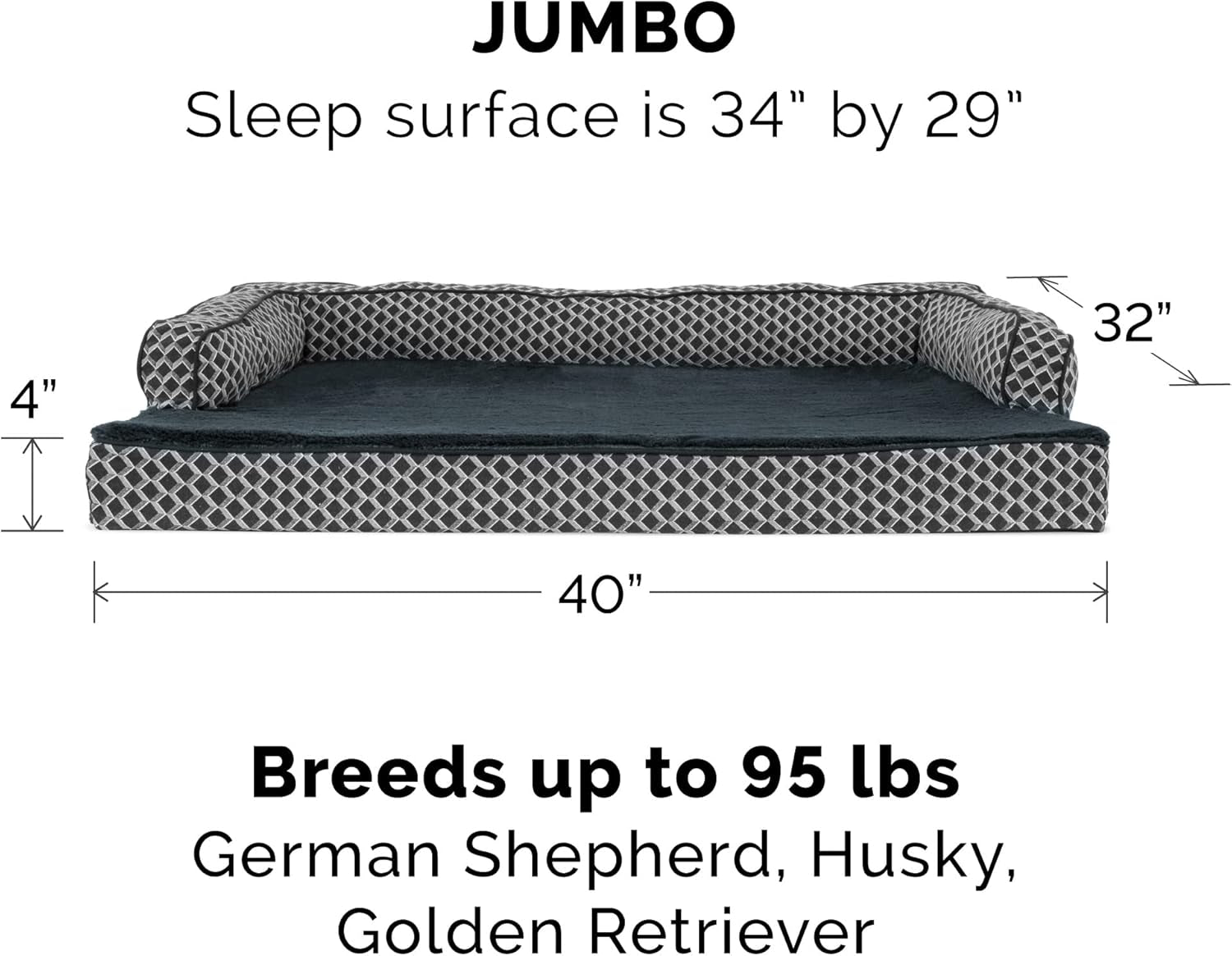 Memory Foam Dog Bed for Large Dogs W/ Removable Bolsters & Washable Cover, for Dogs up to 95 Lbs - Plush & Woven Decor Comfy Couch Sofa - Diamond Gray, Jumbo/Xl